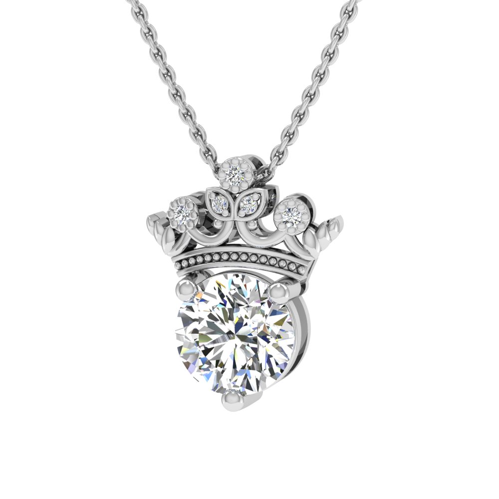 Ornate Crown Round Solitaire Diamond Pendant